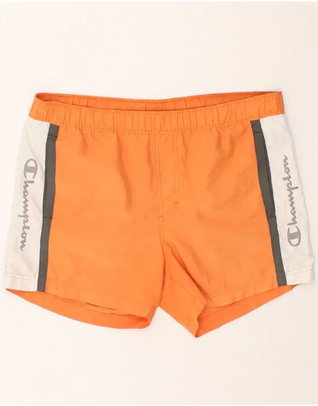 CHAMPION Mens Graphic Sport Shorts Medium Orange Colourblock Polyester