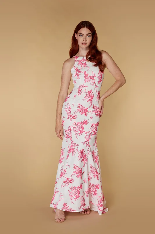 Cheryl High Neck Fishtail Maxi with Ruffle Back Detail