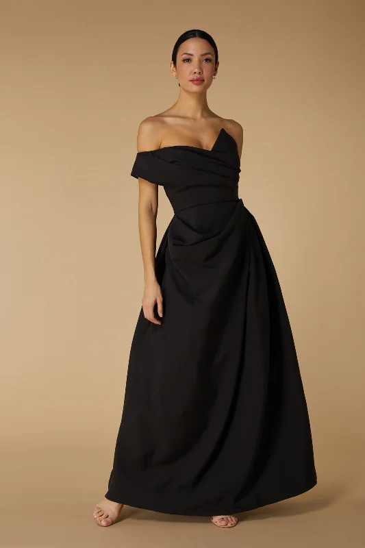 Em Off Shoulder Maxi Dress with Draped Skirt Detail