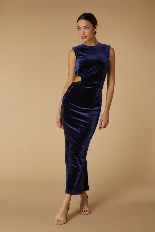 Fern High Neck Velvet Midaxi Dress with Cut Out Detail