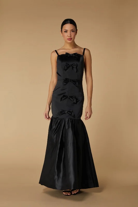 Romy Satin Maxi Dress with Peplum Hem and Bow Detail